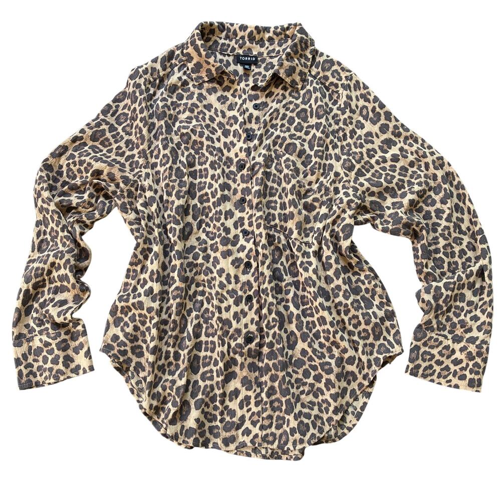 Torrid Leopard Brown Printed Button-down Soft Flowy Rayon Shirt Size 00 / XS - Picture 2 of 10